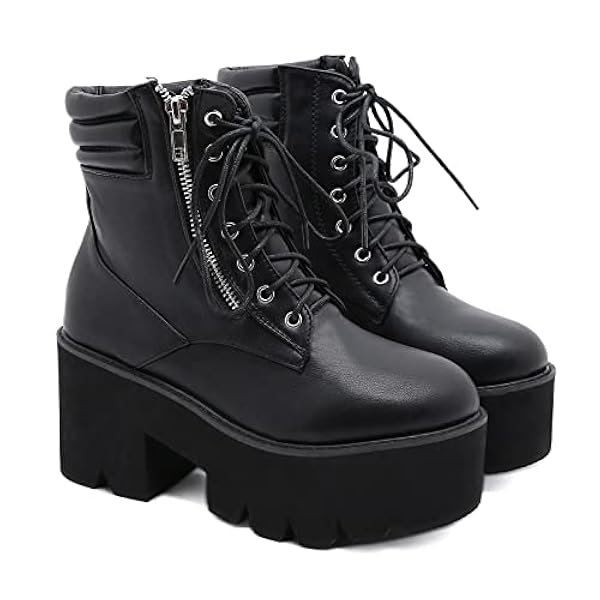 Dames niet -slip zijkant zip gevecht laarzen blok hiel enkel laarzen rond teen veter -up platform laarsjes,zwart,39 EU